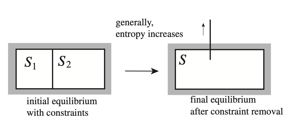What way the system will parition energy, volume particles when the constraint separating flow of these variables is removed?